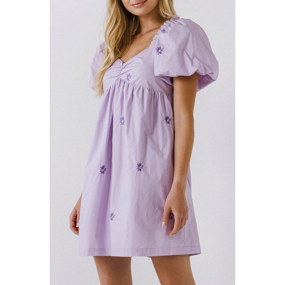 Lilac Puff-Sleeve Embroidered Mini Dress
